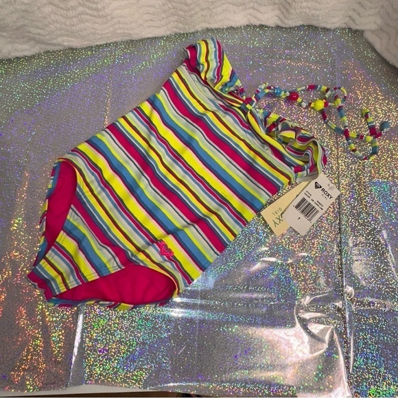 Roxy Girl Size 7 Little Girl Striped Ruffed Beads Colorful Swimsuit NEW NWT - Picture 3 of 9